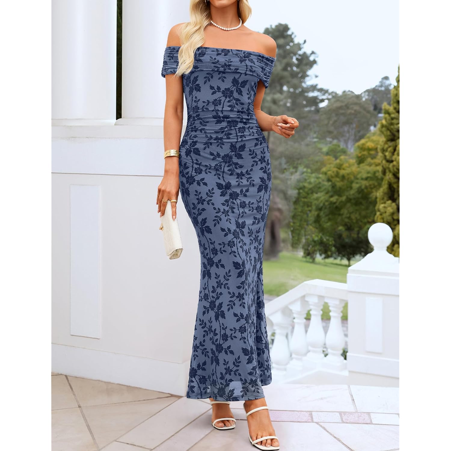 Zesica Women'S Summer Off Shoulder Floral Bodycon Maxi Dress 2026 Ruched Elegant Formal Cocktail Wedding Guest Long Dresses