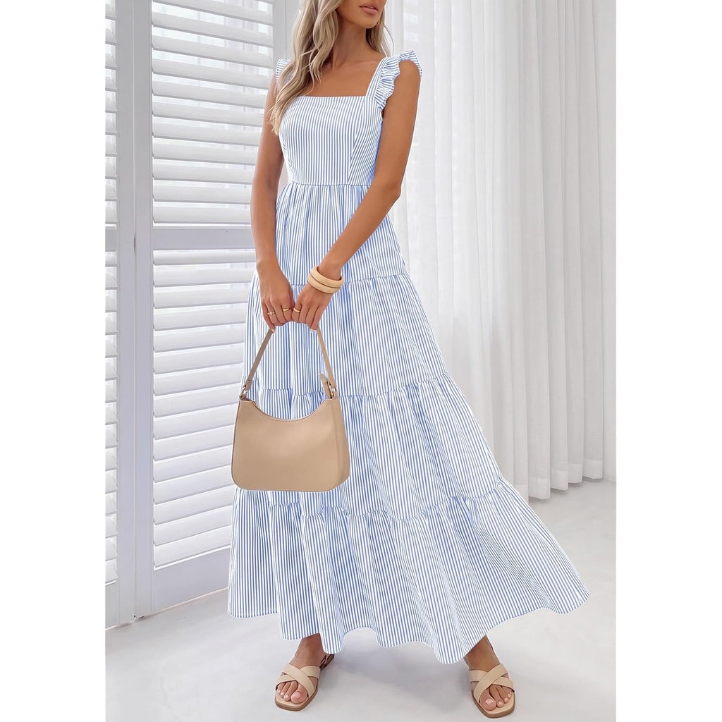 Prettygarden Womens 2026 Summer Casual Maxi Dresses Striped Square Neck Sleeveless Boho Flowy Sundress Beach Vacation Clothes