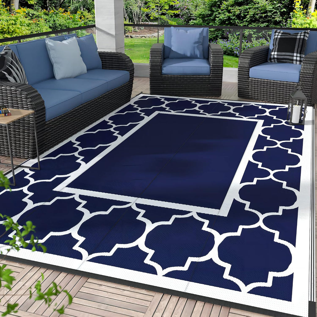 Genimo Outdoor Rug, Waterproof Plastic Rugs For Patio, 5'X8' Blue White | Outside Larger Modern Carpet Mat For Porch Decor, Deck, Balcony, Camping, Rv, Backyard, Picnic, Beach, Reversible, Foldable