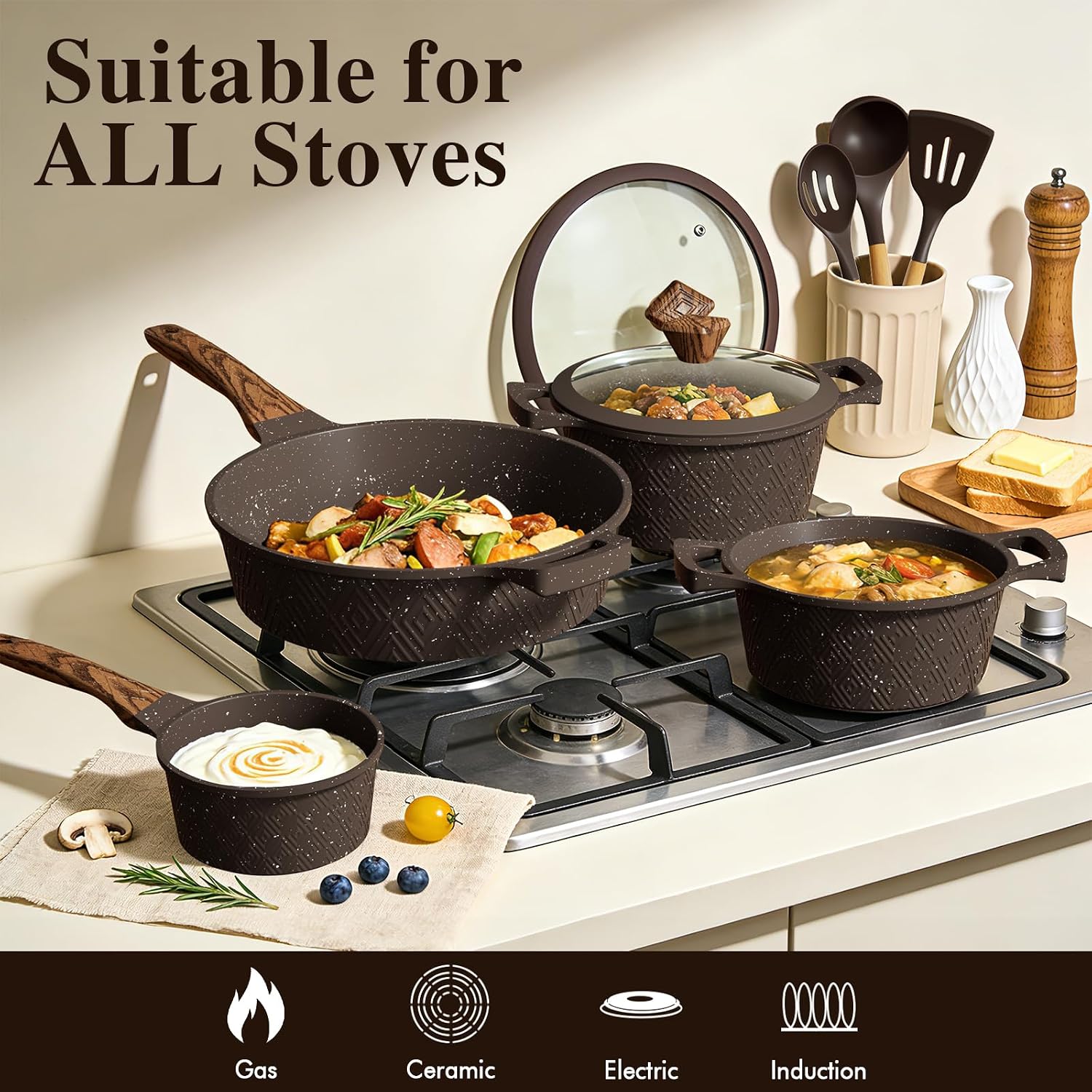 Umite Chef 26Pcs Pots And Pans Set Non Stick, Nonstick Cookware Sets, Induction Cook Ware, Includes Steamer & Silicone Utensils, Housewarming Gift, Kitchen Cooking Sets W/Frying Pan (Pfos, Pfoa Free)