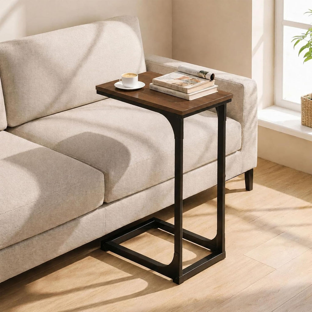 Temi C Shaped End Table For Couch - Small Side Table And Tv Tray For Eating Or Laptop, Accent Desk For Chair Or Sofa, Easy Assembly, Space-Saving Design For Living Room Or Bedroom,Rustic Walnut