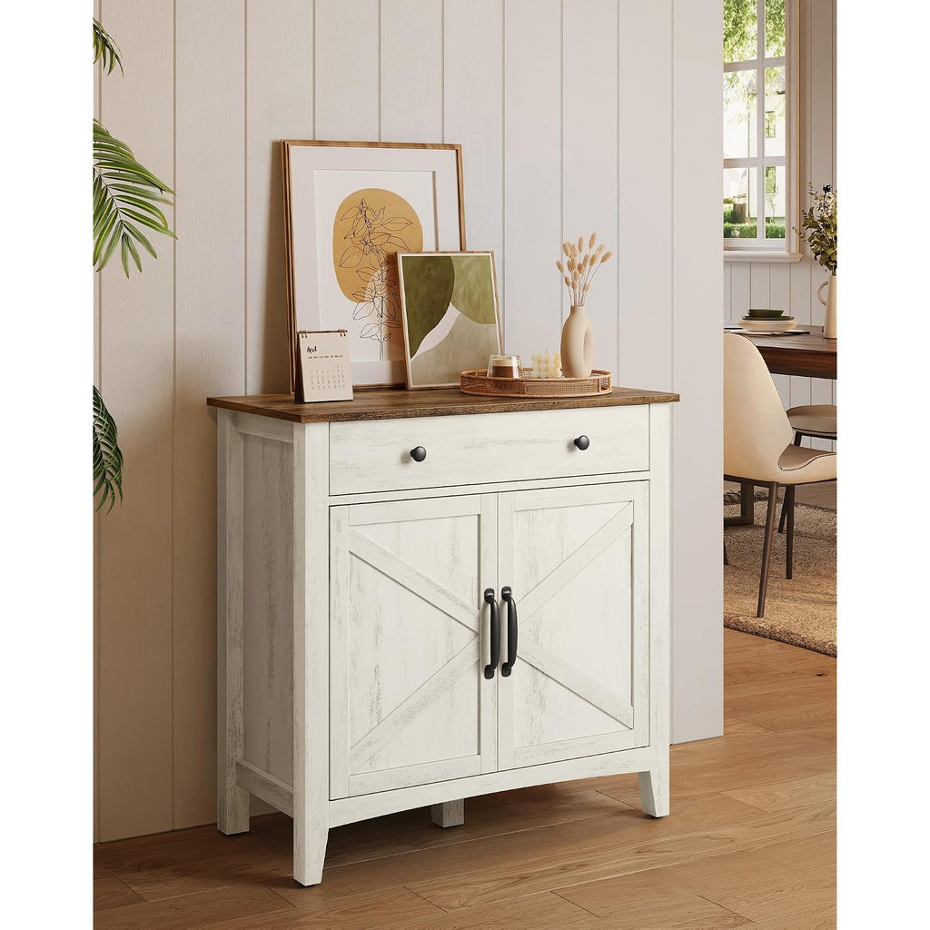 Vasagle Liry Collection - Buffet Cabinet, Coffee Bar Cabinet With A Drawer, Adjustable Shelf, Sideboard Storage With Cable Hole, Drawer Divider, Rustic White And Honey Brown Ubbk341W01V1S