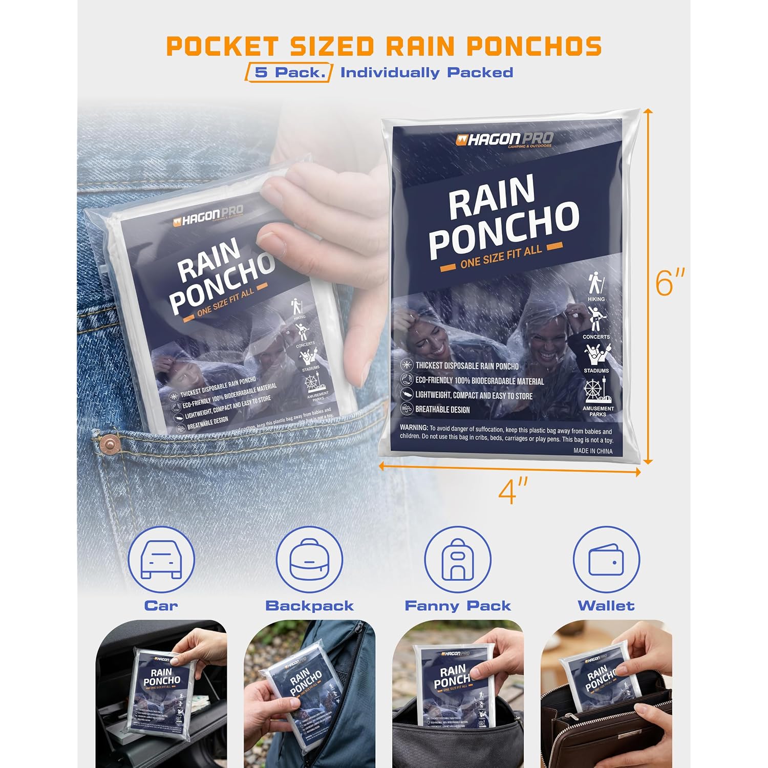 Hagon Pro Disposable Rain Ponchos For Adults (5 Pack)