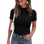 Prettygarden Short Sleeve T Shirts For Women Summer Clothes 2026 Casual Spring Tops Ruffle Mock Neck Ribbed Fitted Basic Tees