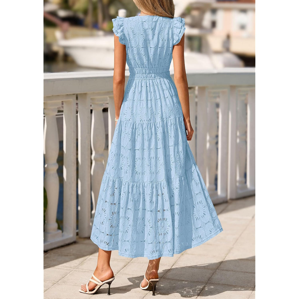 Prettygarden Womens Boho Maxi Dresses 2026 Summer Floral Lace Eyelet V Neck Spring Wedding Guest Dress Beach Vacation Clothes