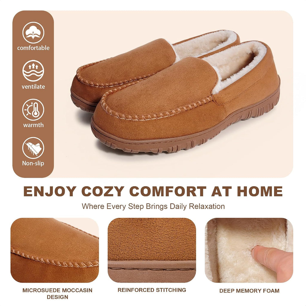 Men'S Slippers Indoor Outdoor Warm Soft Plush Memory Foam House Slippers For Men Comfortable Bedroom Moccasin Slipper Non-Slip