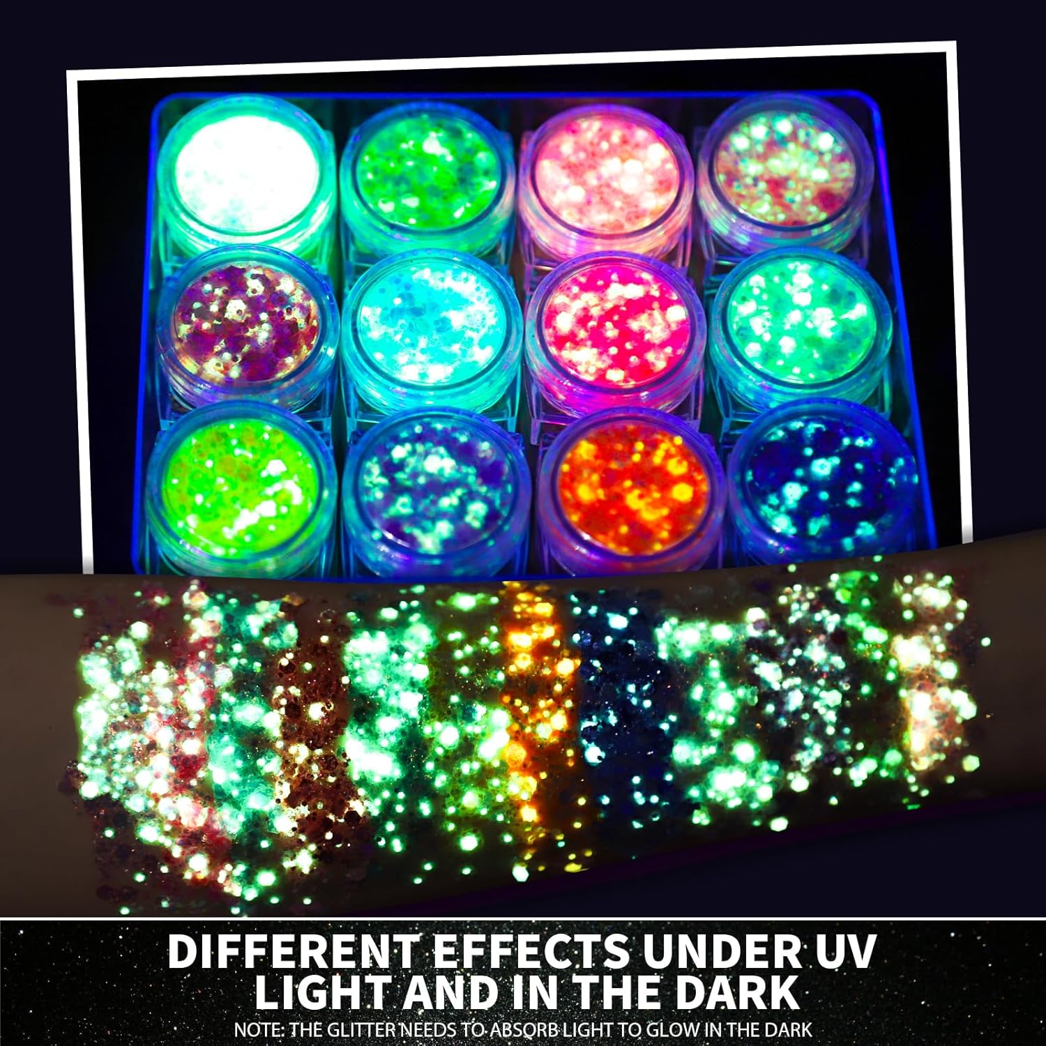 Teenitor 12 Colors Glow in The Dark Glitter Gel, Face Glitter Body Glitter Gel Hair Glitter for UV Black Light Carnival Makeup Raves Festivals