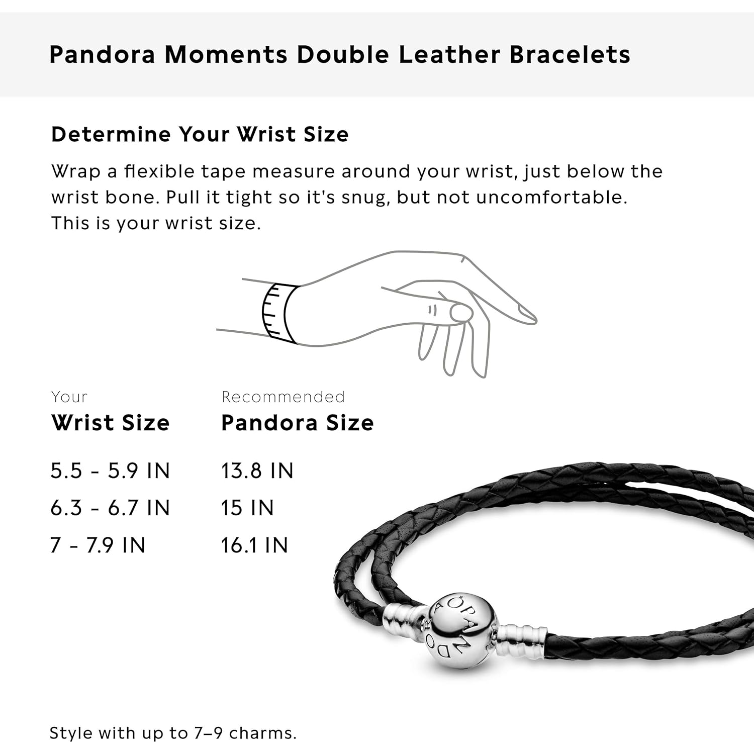 PANDORA Jewelry Leather Charm Sterling Silver Bracelet