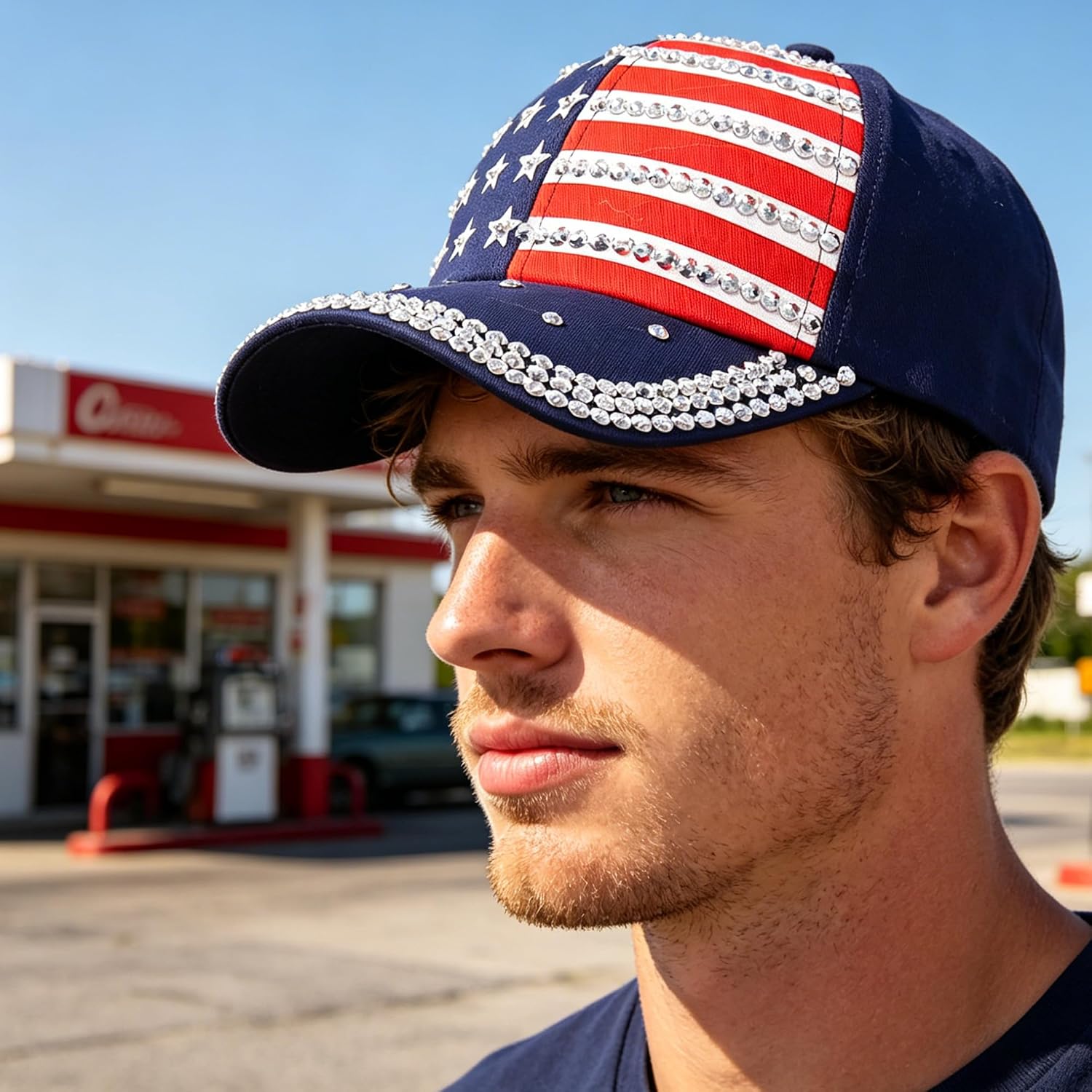 Rhinestone American Flag Baseball Cap Women Men 4th of July Patriotic Trucker Cap Sparkly USA Flag Hip Hop Hat Navy-largeflag-bb