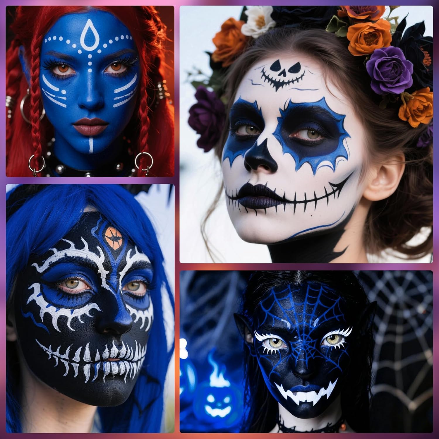 Ybuete Blue Black White Oil Based Face Paint Kit With Painting Brushes, Professional Full Coverage Greasepaint For Adults Halloween Cosplay Sfx Avatar Mermaid Makeup Stage Theater