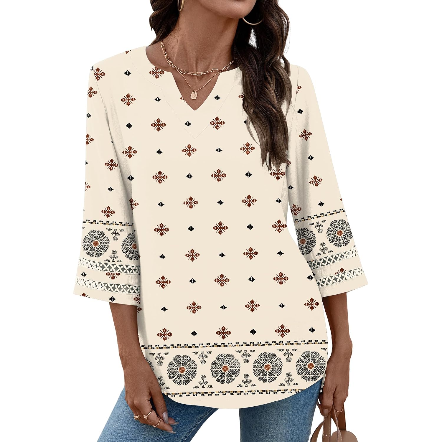 LOMON Womens 3/4 Sleeve V Neck Bohemian Blouses Casual Loose Fit Tunic Tops Vacation Clothes