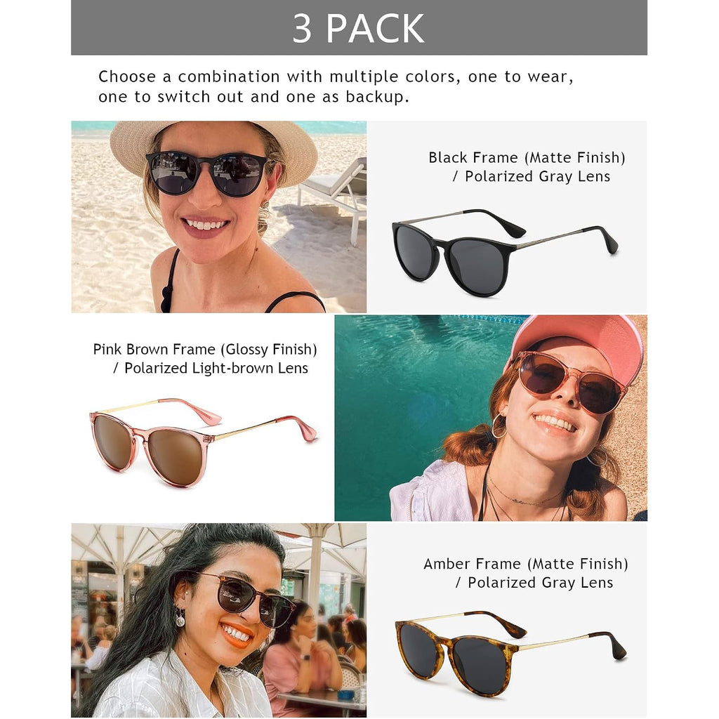 SUNGAIT Premium Vintage Round Sunglasses for Women Men Classic Retro Trendy Style 3 Pack (Polarized): Matte Black/Gray+glossy Pink Brown/Light-brown+matte Amber/Gray