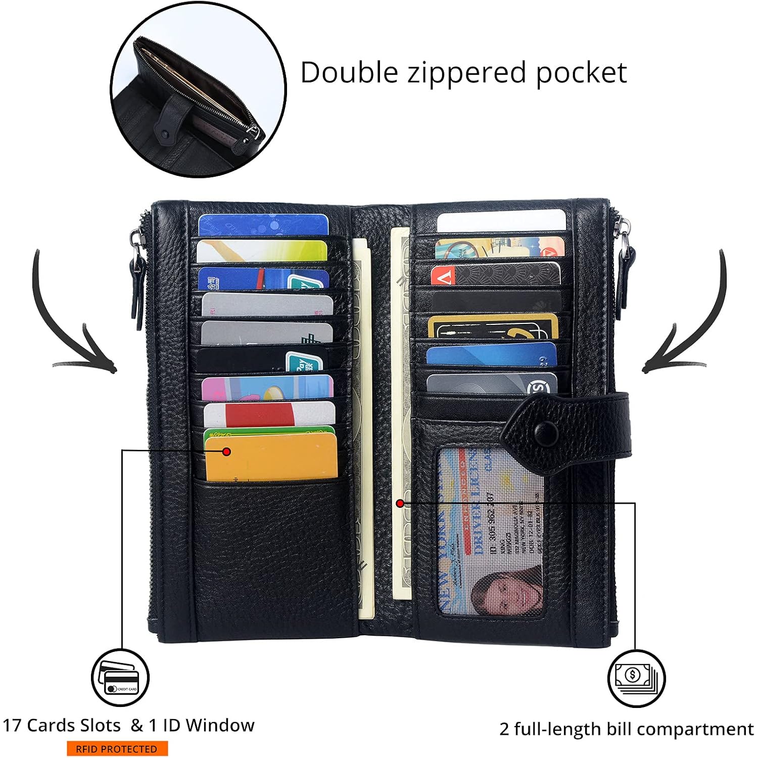 Bveyzi Women Soft Leather Rfid Blocking Bifold Slim Wallets Ladies Credit Card Holder Double Zipper Pocket | Soft