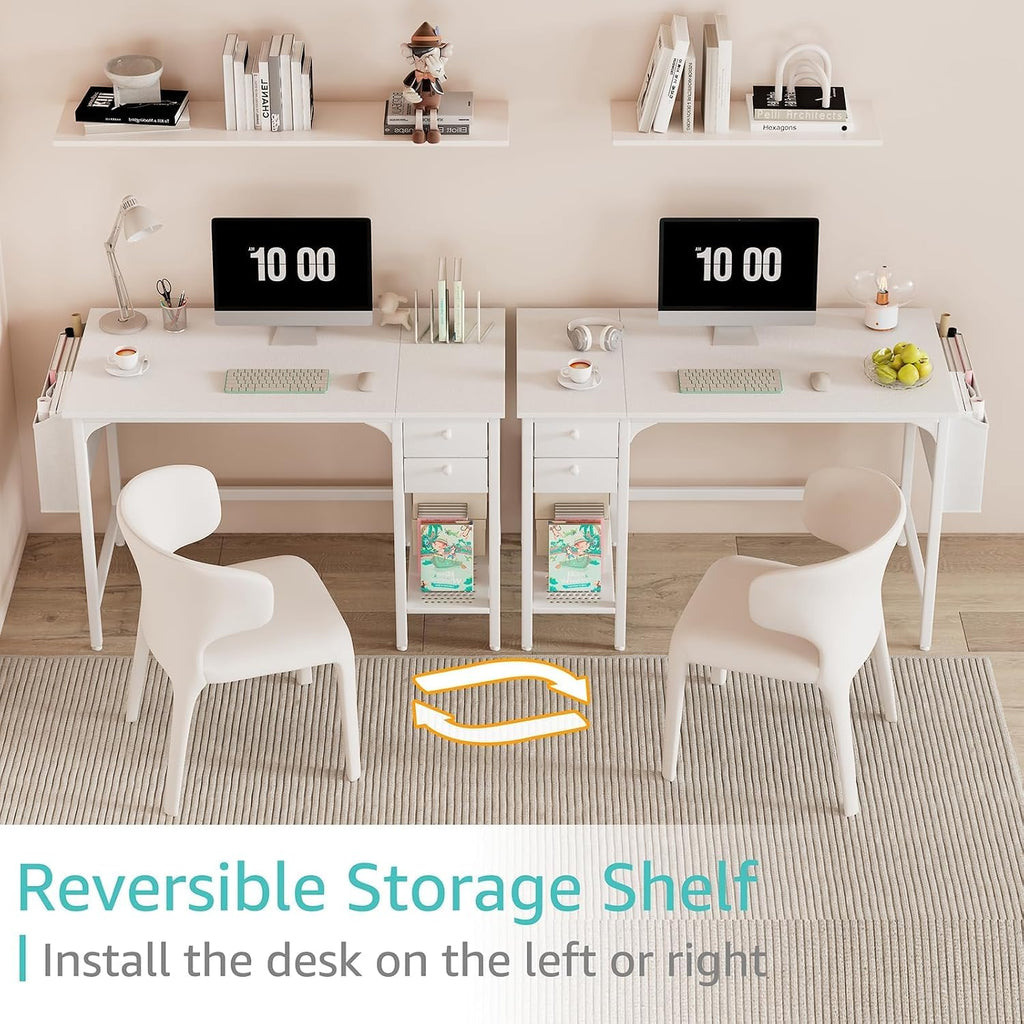 Lufeiya White Small Desk With Drawers - 40 Inch Computer Desk For Small Space Home Office, Modern Simple Study Writing Table Pc Desks