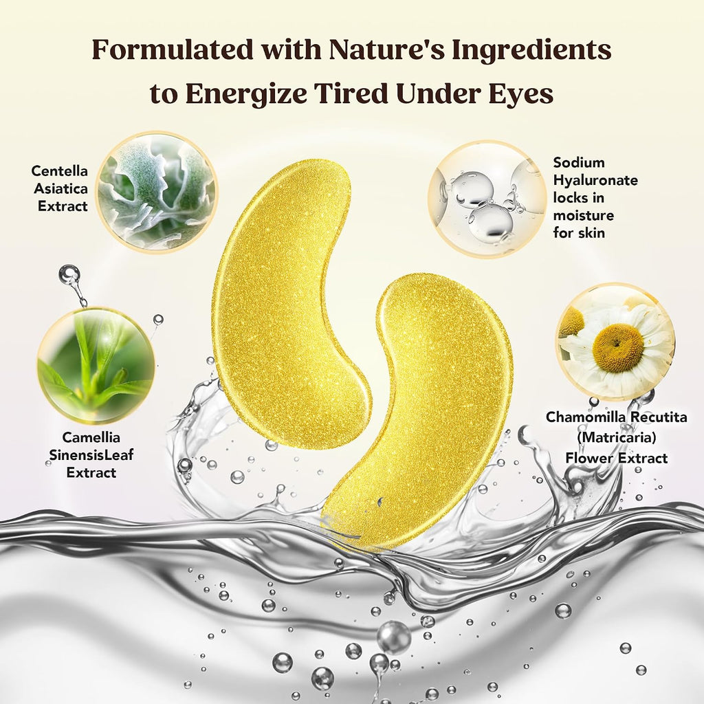 Dermora Golden Glow Under Eye Patches - 50 Pairs Individually Packed, Hydrating Soft Gel Eye Masks For Puffiness, Wrinkles, Dark Circles & Fine Lines, Glowing Skin, Travel Friendly