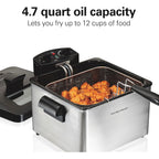 Hamilton Beach Electric Deep Fryer with 3 Baskets and Lid, 4.5 Liters / 19 Cups Oil Capacity, Temperature Control, View Window, Professional Style, 1800 Watts, Stainless Steel (35034)
