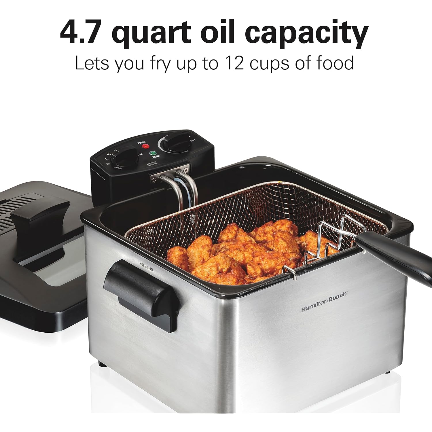 Hamilton Beach Electric Deep Fryer with 3 Baskets and Lid, 4.5 Liters / 19 Cups Oil Capacity, Temperature Control, View Window, Professional Style, 1800 Watts, Stainless Steel (35034)