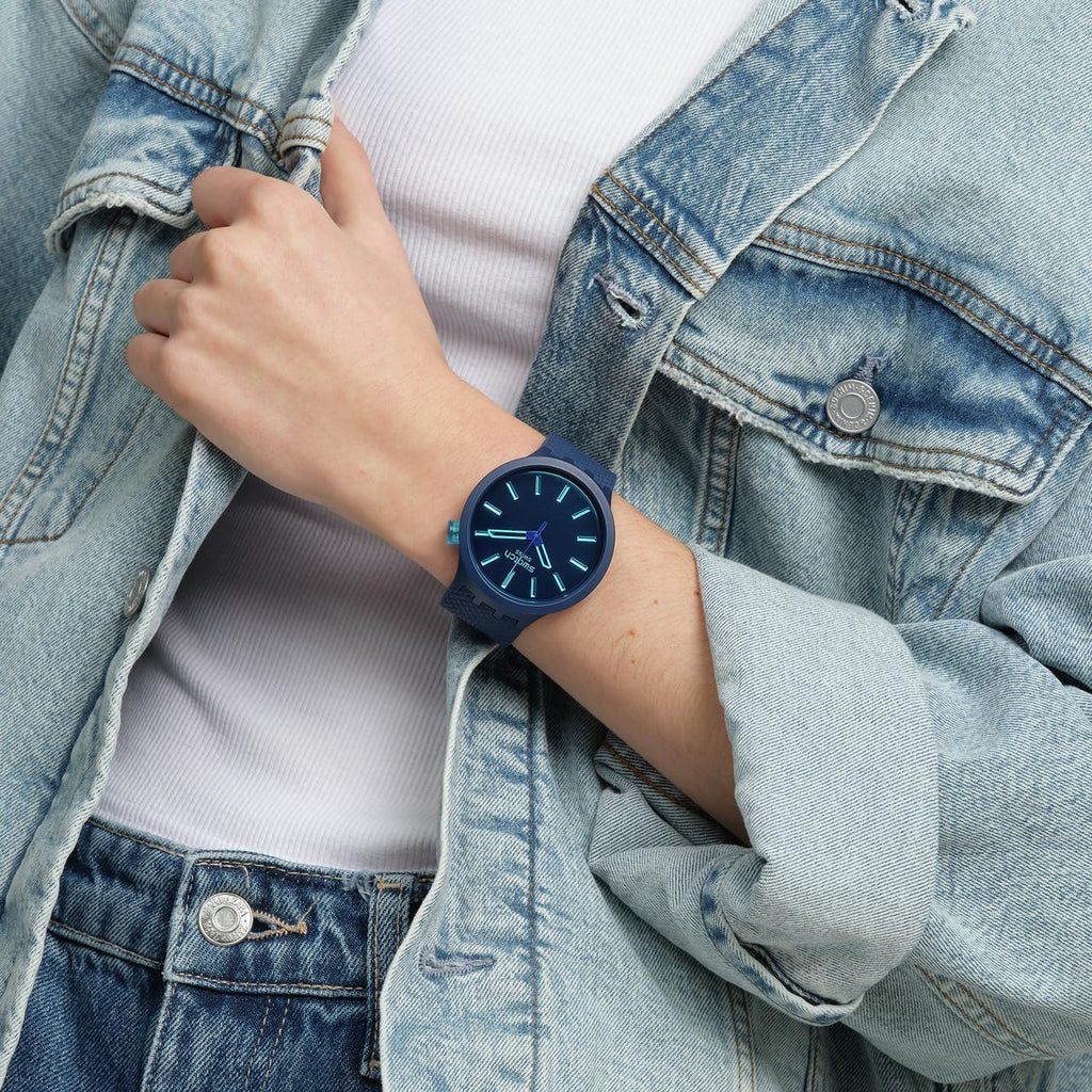 Swatch Big Bold Biosourced Lacquered Unisex Watch Casual Polymer Blue Automatic Waterproof Indigo Glow