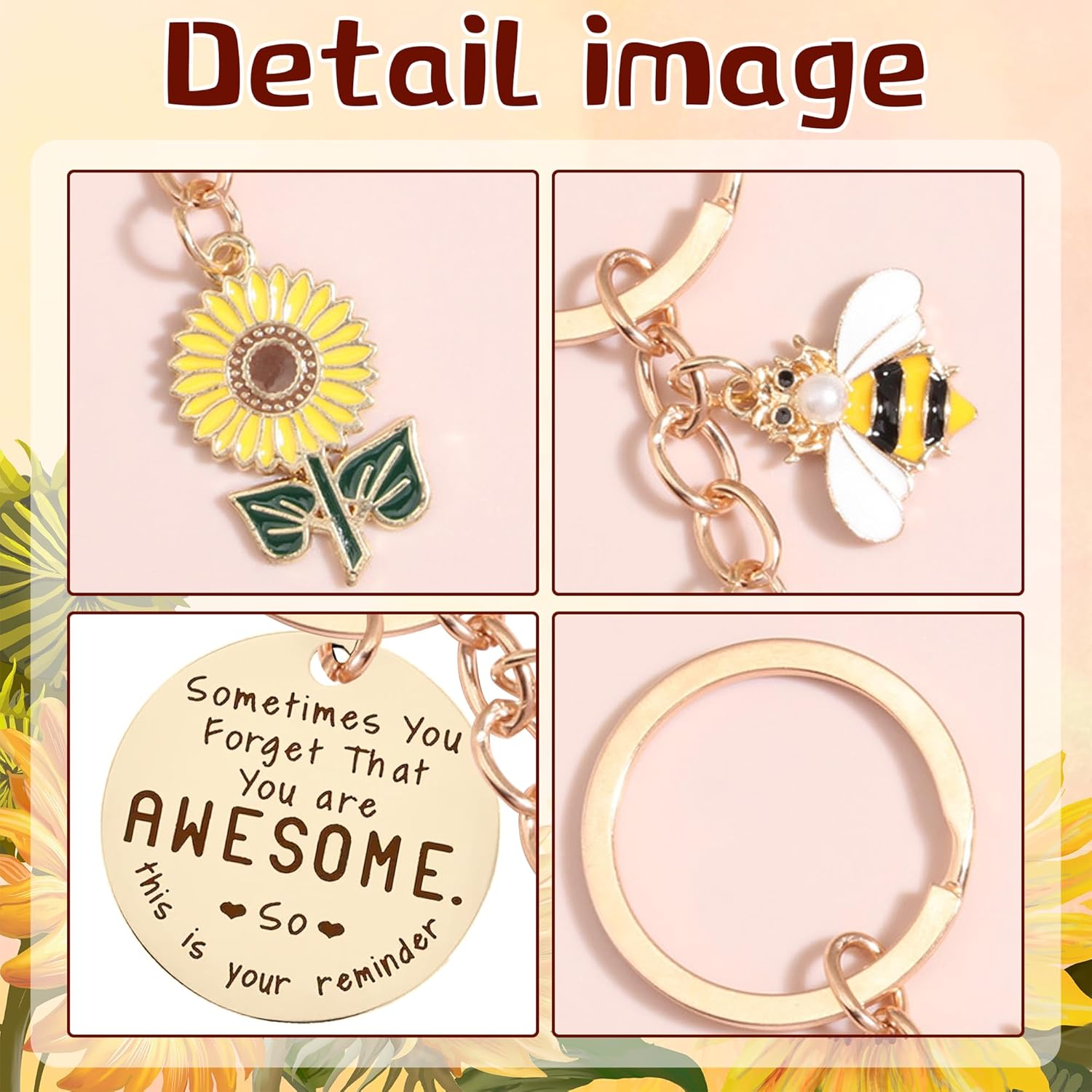 Sunflower Keychains Inspirational Gifts for Women - Motivational Keyring Friendship Keychain Gift, Yellow Sunflower Bee Key Chain for Him Her Friend Coworker Purse Wallet Handbags Backpack