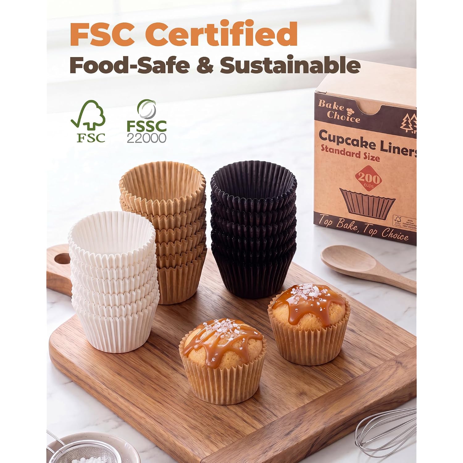 Bake Choice Non-Stick 200Pcs Standard Cupcake Liners For Baking, Natural, Food-Grade Cupcake Wrapper, Greaseproof Parchment Muffin Liners