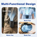 Waist Fan With Clip On: Portable 4-Speed Enlarged Fan-Blades Personal Belt Fan With Led Light 6-11H Of Working Time Hands-Free Neck Fan
