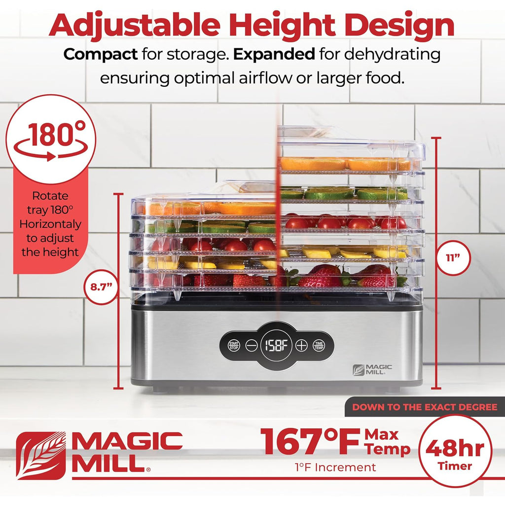 Magic Mill Food Dehydrator Machine | 5 Stackable Stainless Steel Trays, 48H Digital Adjustable Timer & Temperature Control Upto 167° Electric Dryer & Preserver For Jerky, Fruit, Dog Treats & Much More