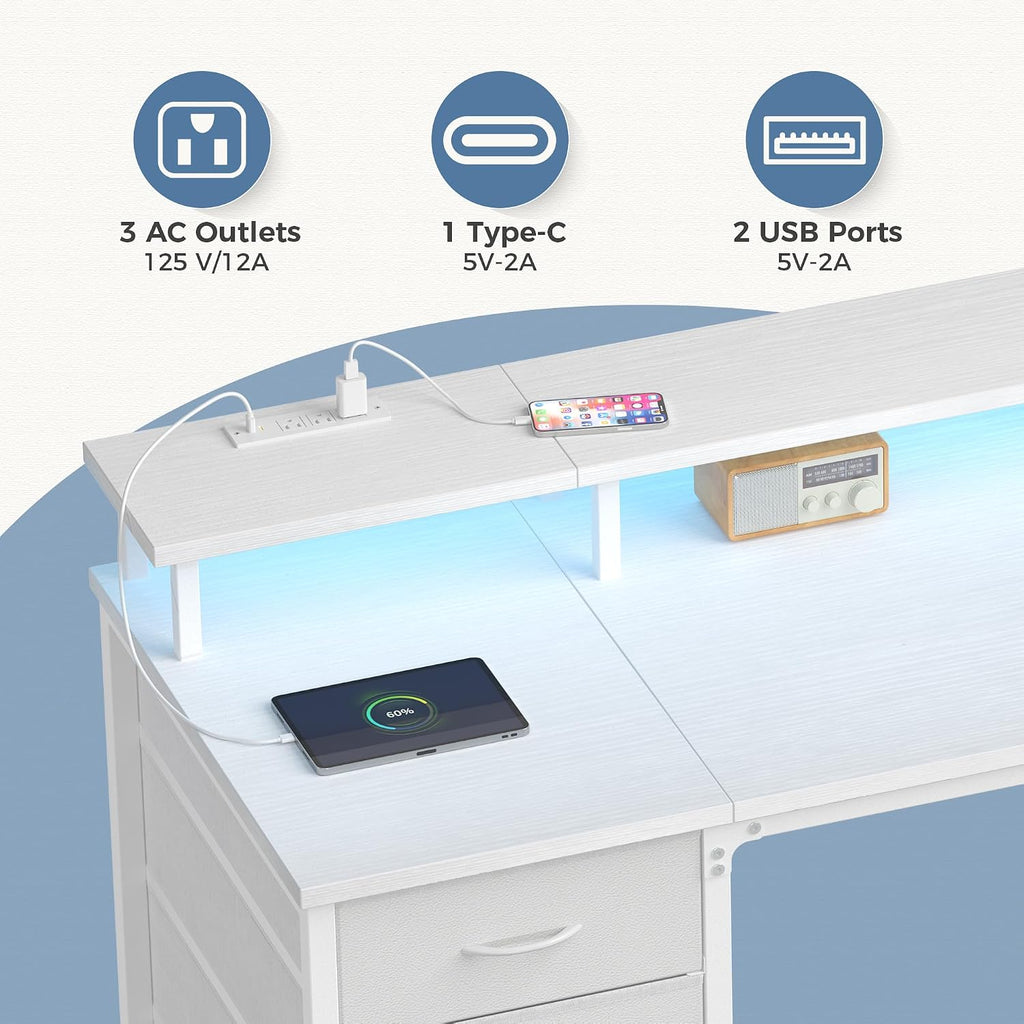 Dumos 40-Inch Gaming Desk With Power Outlets And Led Lights, White | Computer Desk With 4 Storage Drawers, Home Office Desk With Monitor Stand, Small Desk For Bedroom Study