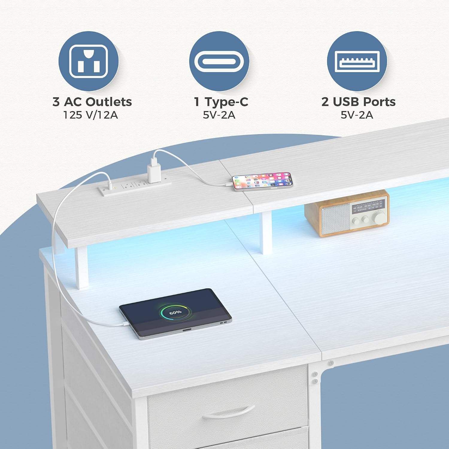Dumos 40-Inch Gaming Desk With Power Outlets And Led Lights, White | Computer Desk With 4 Storage Drawers, Home Office Desk With Monitor Stand, Small Desk For Bedroom Study