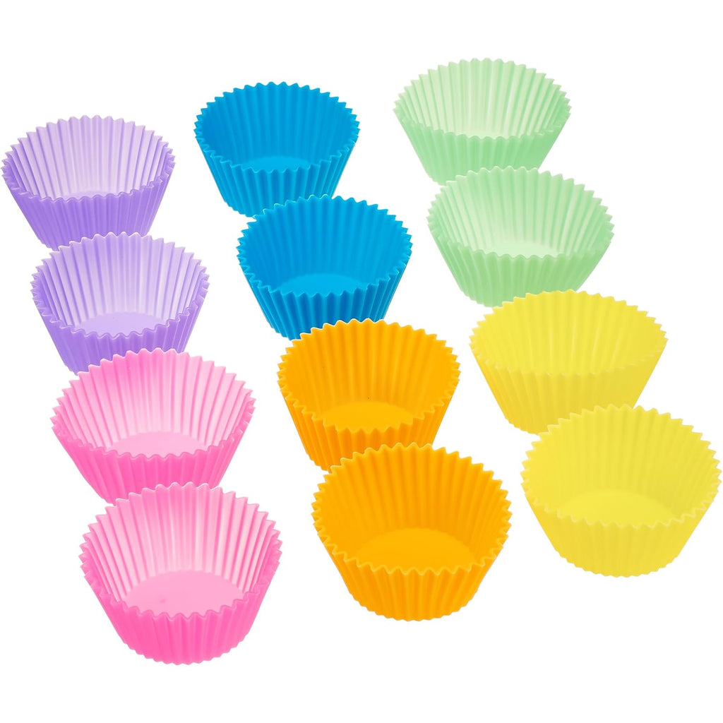 Amazon Basics Reusable Non-Stick Silicone Baking Cups, Bpa Free, Muffin Liners, Dishwasher Safe, Microwave And Oven Safe, 2.9 X 2.9 X 1.3 In (Lxwxh), Multicolor, 12-Pack