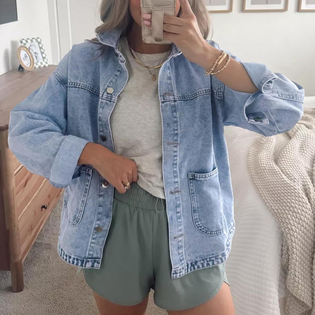 Jean Jackets For Women Trendy Button Up Denim Shirt Jacket Oversized Long Sleeve Coat Fashion Clothes With Pockets