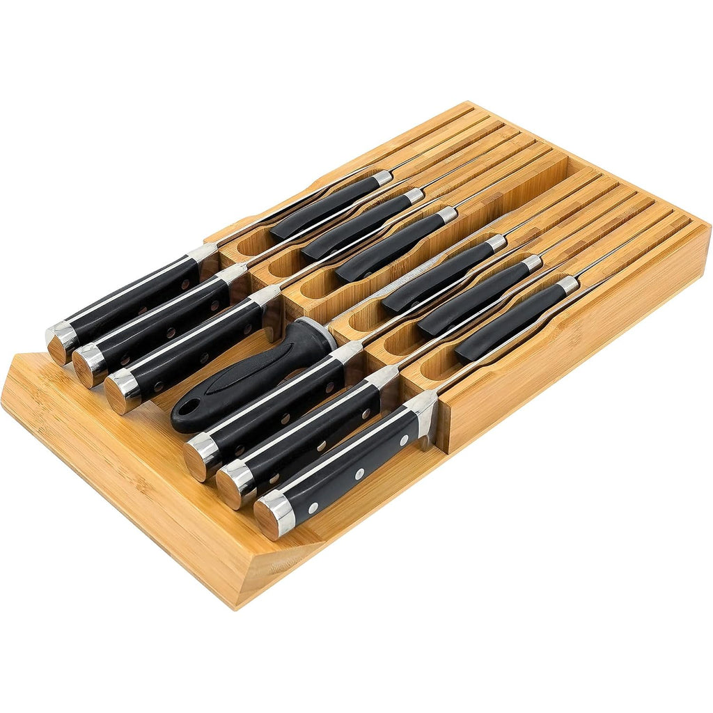 Vaefae Bamboo Knife Drawer Organizer, Knife Drawer Organizer Insert, Kitchen Drawer Knife Block For 12 Knives And A Plus Slot For Your Knife Sharpener (Without Knives)