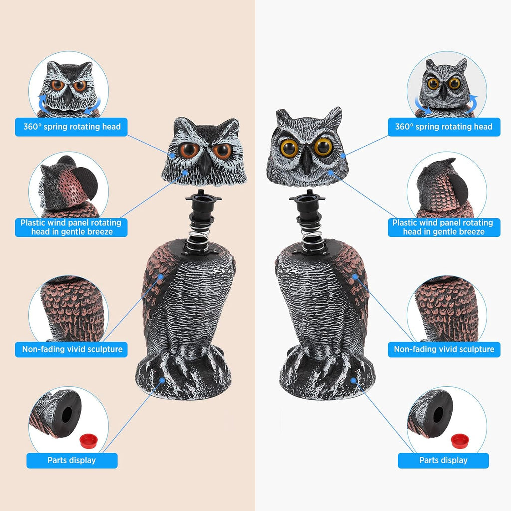 Hedoc 2 Pack Fake Owl Decoys To Scare Birds Away, Rotating Head Bird Deterrents, Nature Enemy Scarecrow Plastic Statues, Pest Repellent For Gardens And Patios