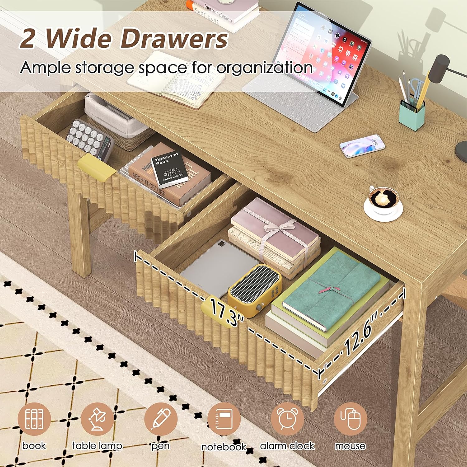 Fluted Computer Desk With 2 Drawers, 39 Inch Small Computer Desk With Storage, Compact Writing Study Desk For Small Spaces