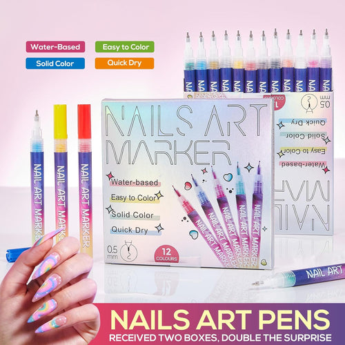 12 Colors Nail Art Markers Set, 3D Nail Art Pens for Painting Nails, Nail Polish Pens Quick Dry Resistant to Flaking for Women Girls, Home and Salon Manicure Tools
