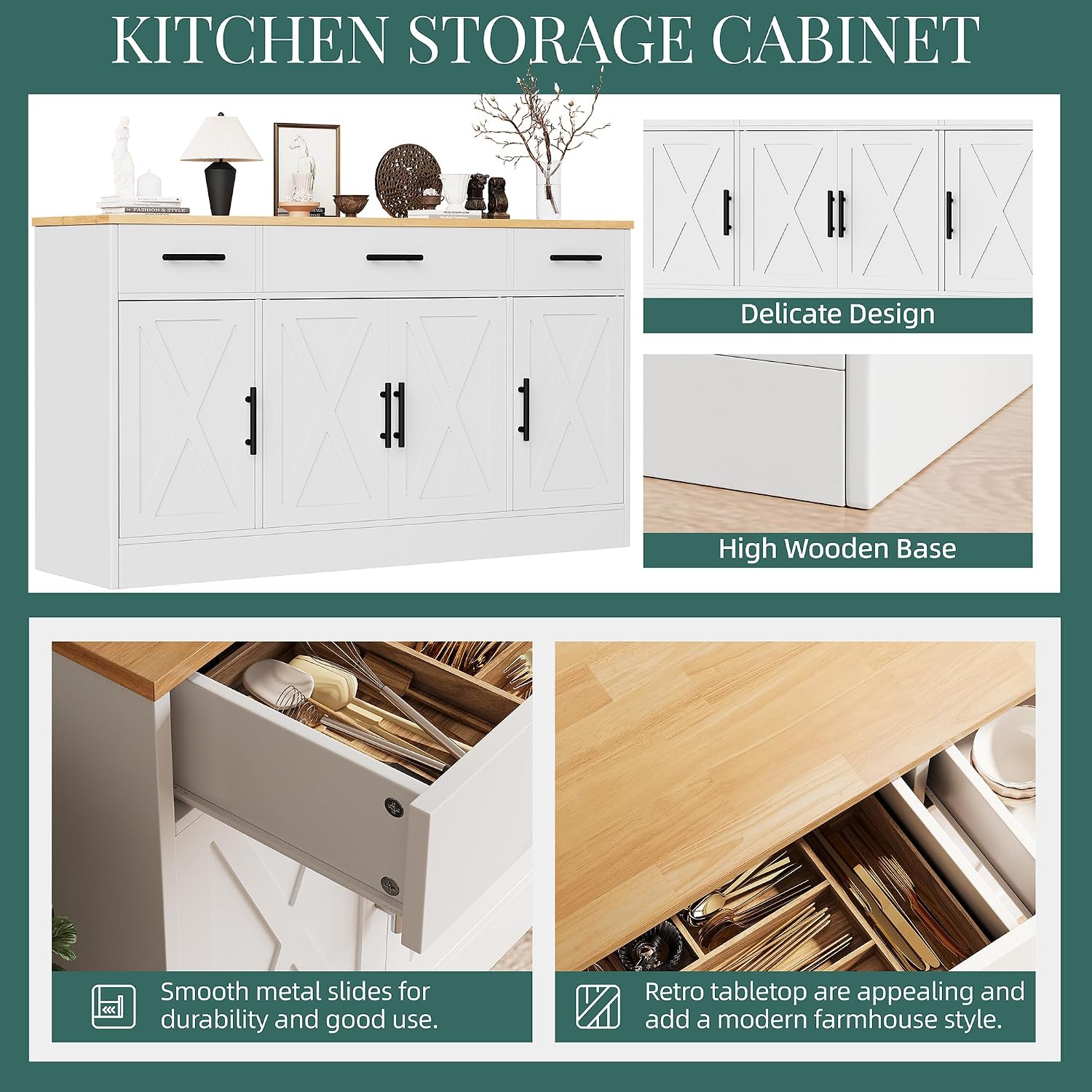 Shintenchi Buffet Cabinet With Storage,53.4" Large Kitchen Storage Cabinet With 3 Drawers And 4 Doors,Wood Farmhouse Buffet Sideboard With Adjustable Shelf For Kitchen Living Room, White