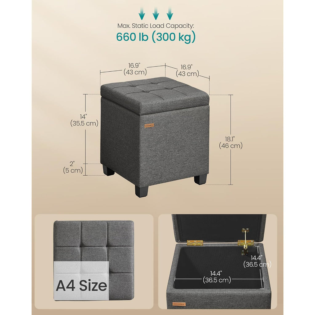 Songmics Square Storage Ottoman, Foot Stool Footrest With Legs, Ottoman Cube With Hinged Lid, For Living Room, Bedroom, 16.9 X 16.9 X 18.1 Inches, Linen-Look Fabric, Slate Gray Ulom509Gn01