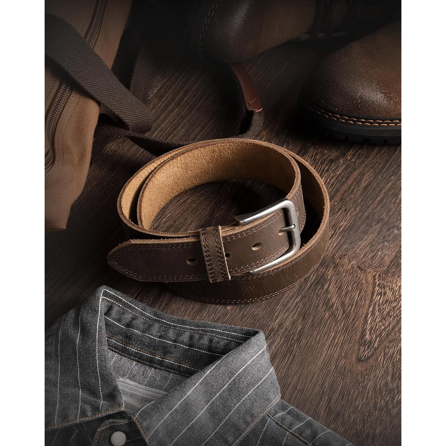 Chaoren Mens Belts Casual For Jeans - Full-Grain Leather, Durable Cowhide | Solid Buckle, Classic Style, Handmade, Daily Wear, Gift Box