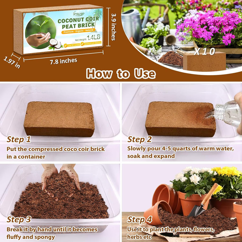 Pack Of 10 Organic Coco Coir Bricks- 100% Natural Compressed Coco Peat Brick Coconut Fiber Substrate With Low Ec&Ph Balance, Plant Soil Enhance Root Growth For Herbs, Flowers, House Plants