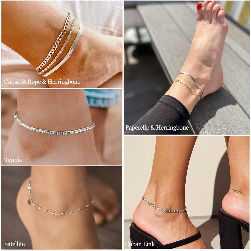 DEARMAY 14K Gold Plated Ankle Bracelets for Women Waterproof - Dainty 6Pcs Anklets Layered Cuban Link Chain Herringbone Cute Anklets Set Pack Summer Beach Jewelry Gift for Women Teen