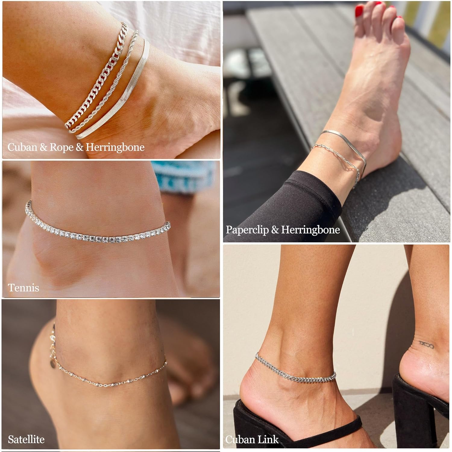DEARMAY 14K Gold Plated Ankle Bracelets for Women Waterproof - Dainty 6Pcs Anklets Layered Cuban Link Chain Herringbone Cute Anklets Set Pack Summer Beach Jewelry Gift for Women Teen