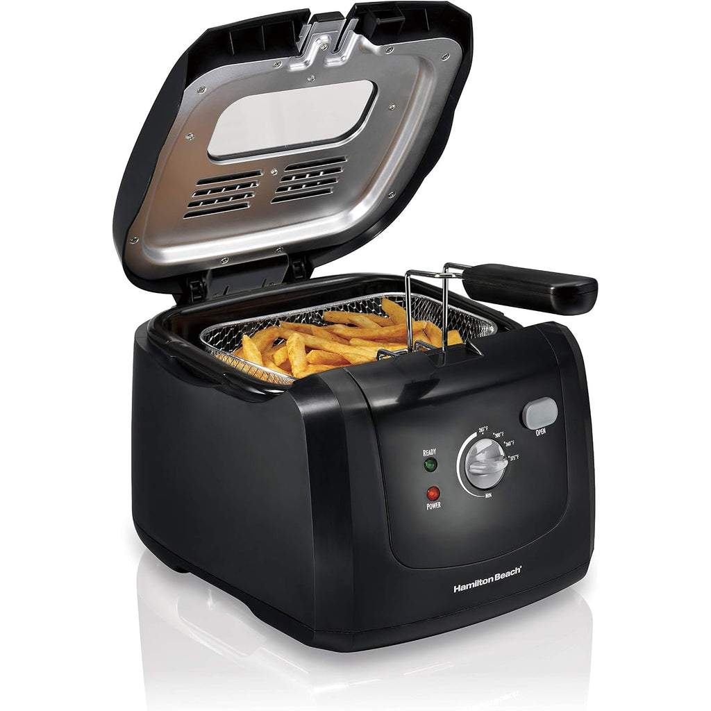 Hamilton Beach Cool Touch Electric Deep Fryer With Basket For Home Use | 2 Liter / 8 Cup Oil Capacity | 1500 Watts | Cool-Touch Sides | Lid With View Window | Adjustable Temperature | Black | 35021
