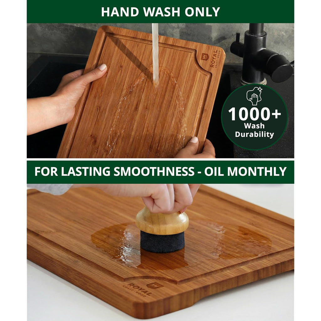 Royal Craft Wood Wooden Cutting Boards For Kitchen Meal Prep & Serving - Non Toxic Bamboo Wood Cutting Board Set With Deep Juice Groove Side Handles - Charcuterie & Chopping Butcher Block For Meat