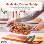 Pexo Glass Baking Dish With Lid, 9X13 Deep Lasagna Pan, Easy Grip Silicone Handles, Oven Safe Casserole Dish, Freezer, Dishwasher, And Microwave Safe (Gray)