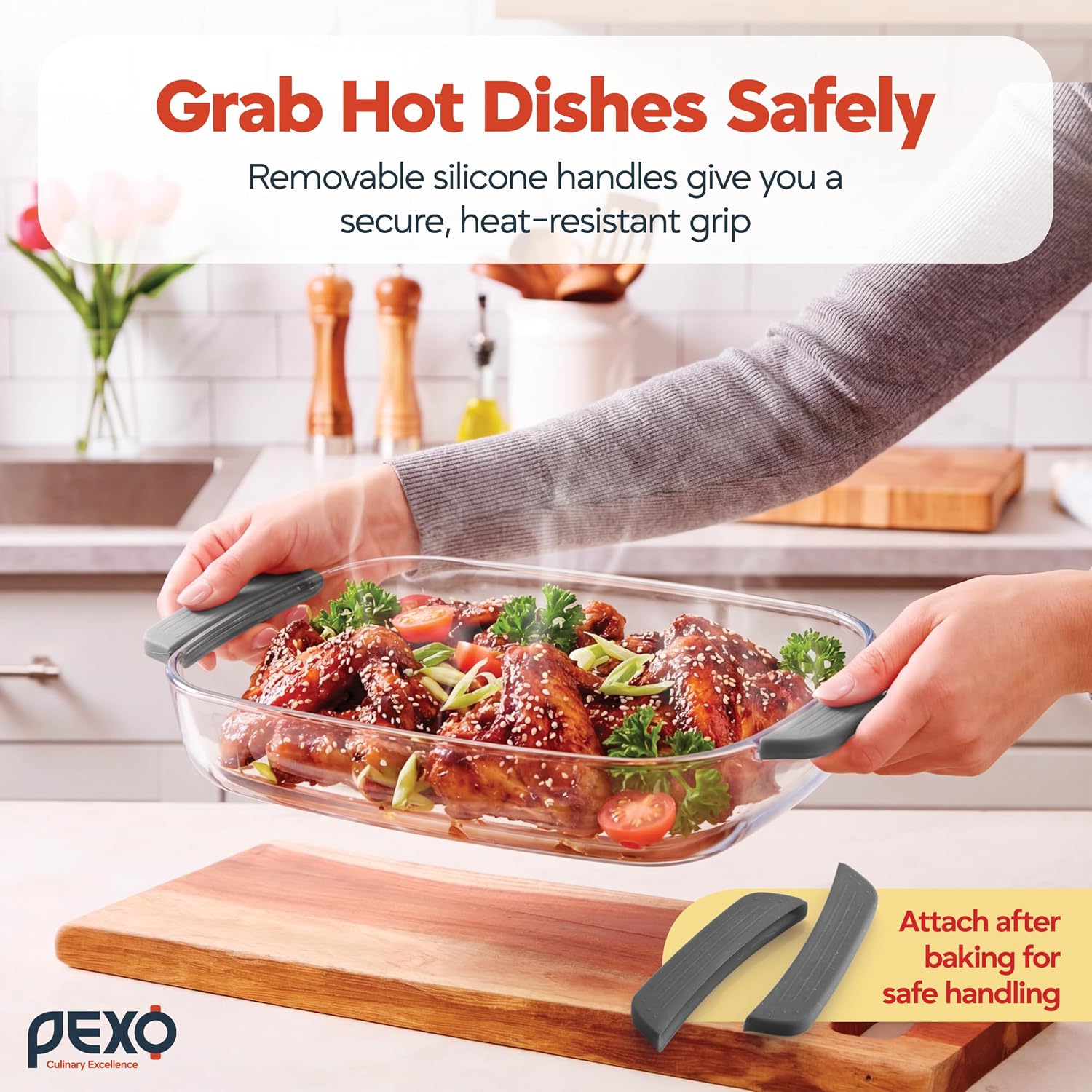 Pexo Glass Baking Dish With Lid, 9X13 Deep Lasagna Pan, Easy Grip Silicone Handles, Oven Safe Casserole Dish, Freezer, Dishwasher, And Microwave Safe (Gray)