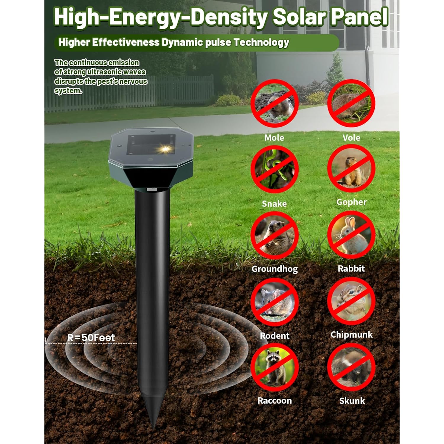 Snake & Mole & Rabbit & Skunk Repellent Solar Powered, Upgraded Ultrasonic Deterrent, Ip65 Waterproof, Gopher Groundhog Chipmunk Raccoon And Vole Repellent & Deterrent For Lawn & Garden, 4 Pack