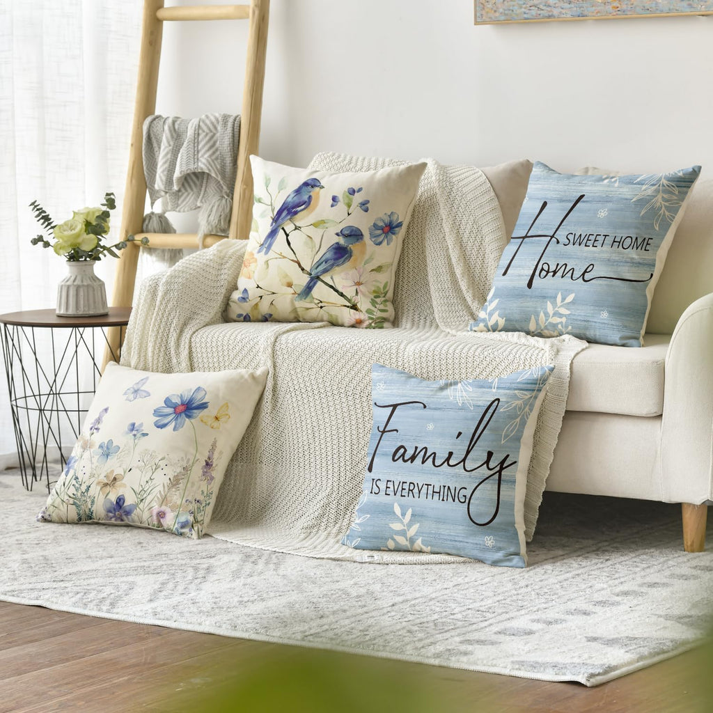 AVOIN colorlife Spring Saying Flowers Butterfly Bird Throw Pillow Covers, 18 x 18 Inch Home Sweet Home Blue Cushion Case for Sofa Couch Set of 4