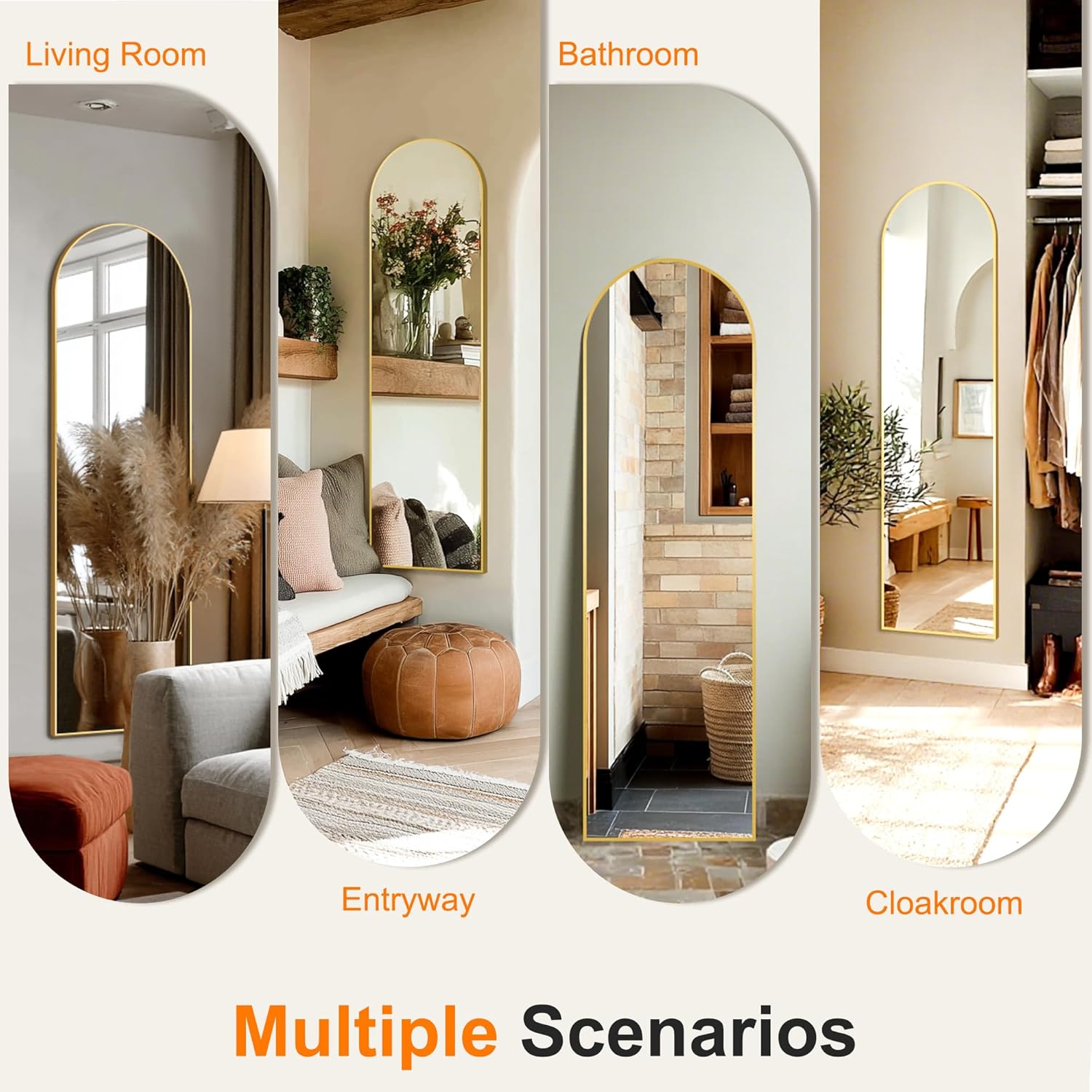 TRAHOME Arched Full Length Mirror, 56"x15" Standing Body Mirror for Wall, with Aluminum Alloy Frame for Bedroom, Living Room, Dressing Room(Gold)