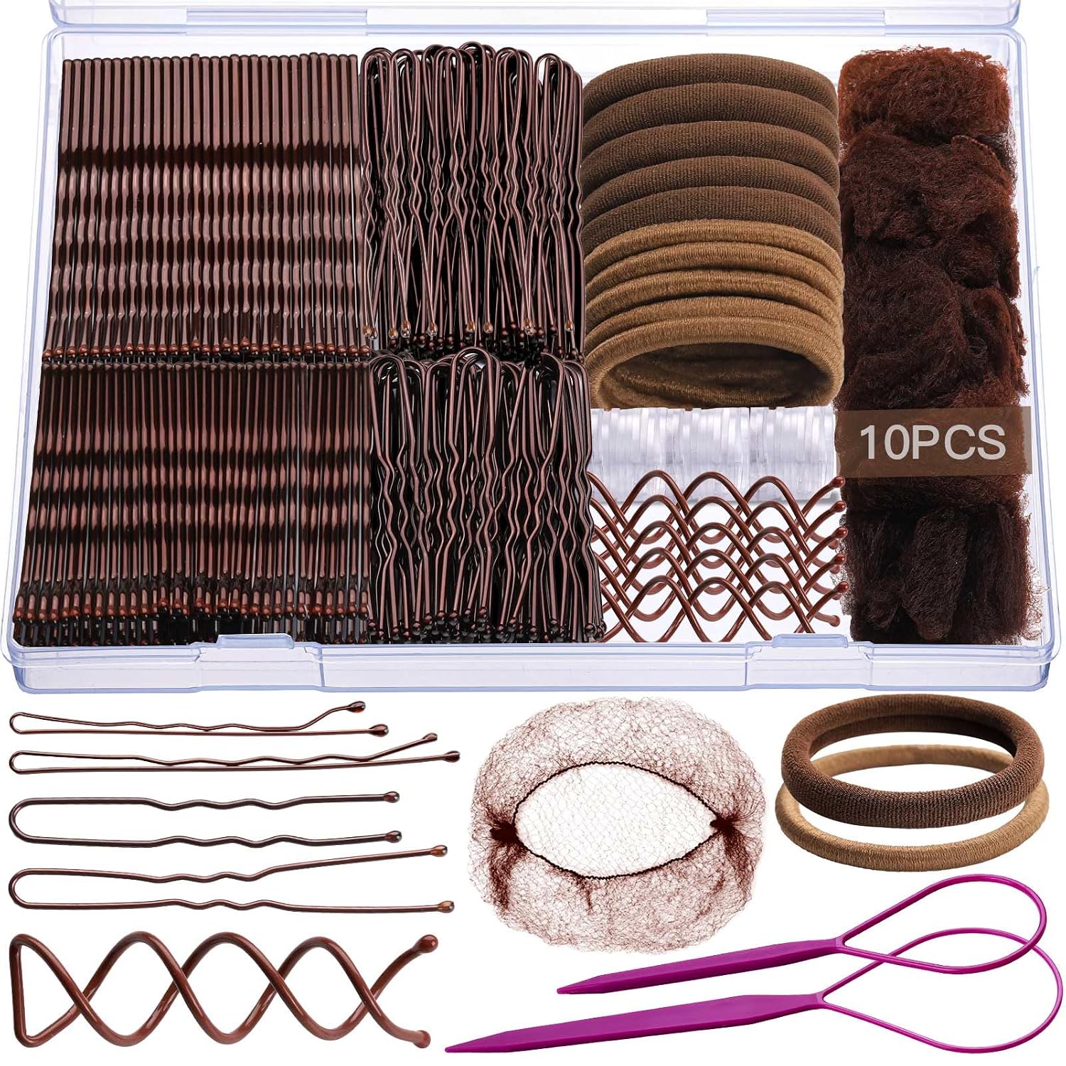 Teenitor Brown Bobby Pins Hair Pins Hair Net Kit, 11 Styles Bobby Pins For Women U Shaped Hair Pins, Hair Nets For Buns Spiral Pins, Hair Ties Hair Styling Tools For Women Girls Dance Ballet Brown