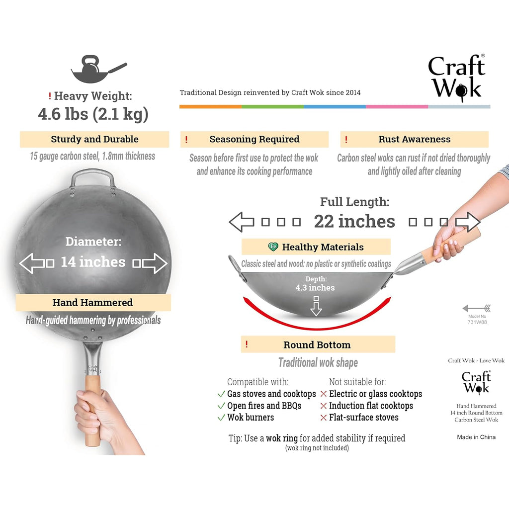 Craft Wok Traditional Hand Hammered Chinese Carbon Steel Wok with Wooden and Steel Helper Handle (14 Inch, Round Bottom Pow Wok Pan) / 731W88