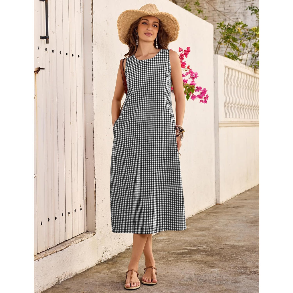 Lomon Summer Dresses For Women Cotton Casual Maxi Dress Beach Vacation Long Sundresses Plaid Striped With Pockets